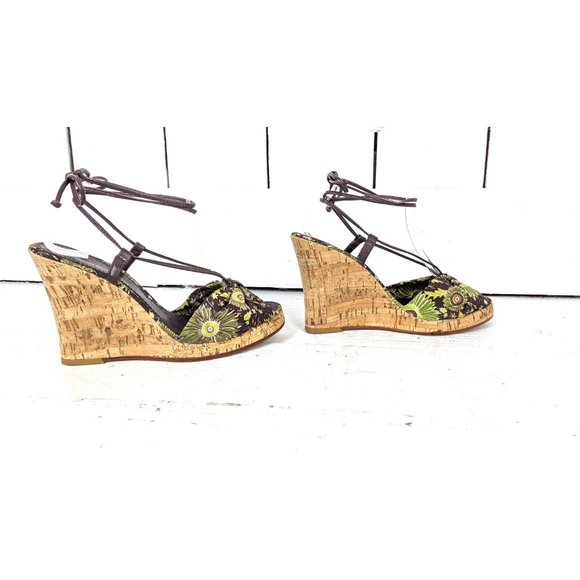 Banana Republic green floral peep toe high heel wedge strappy sandals - Picture 5 of 8